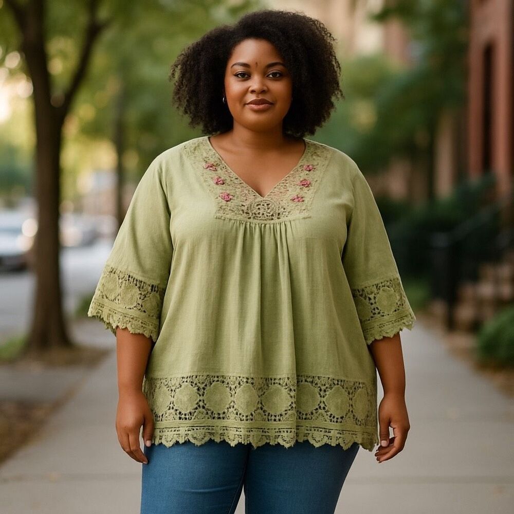 Boho Green Crochet Lace Tunic Top 5XL Floral Embroidered Peasant Blouse Dress